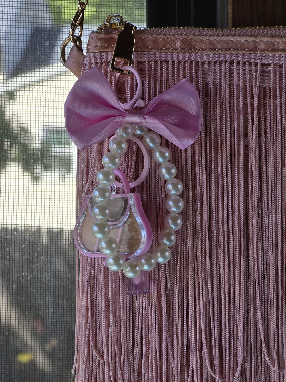Pink Fringe Convertible Crossbody to Wristket Purse with Pearl Bag Charm - Picture 5 of 11